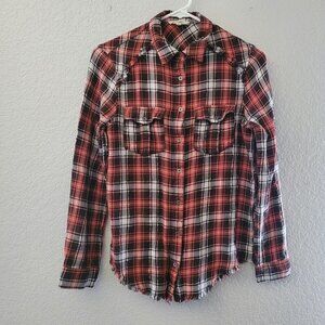 Jane & Delancey Flannel Button Down Shirt Xsmall Fringe Long Sleeve Plaid Brown